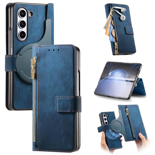 Housse Z Fold 6 magnétique bleu rétro pour s'organiser en voyage