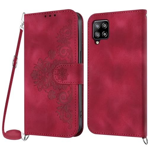 Netany Funda para Samsung Galaxy A22 4G/M22/M32 4G con Cuerda, Flip Billetera Funda Tapa Libro PU Cuero con Ajustable Cordón,【2 Ranuras】【Hebilla Magnética】,Funda Piel Carcasa Case Cuerda (Rojo)