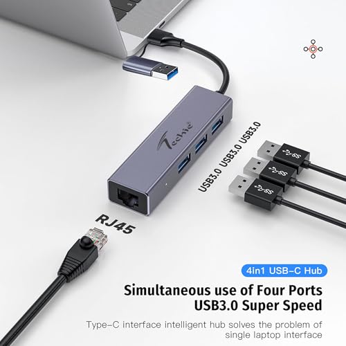 Image of Techie USB /Type-C to RJ45 Gigabit LAN & 3-Port USB 3.0 Hub - Dual Plug (USB-A + USB-C) Adapter for Laptop, MacBook, iPad Pro, Tablets & Desktop PCs - Space Grey
