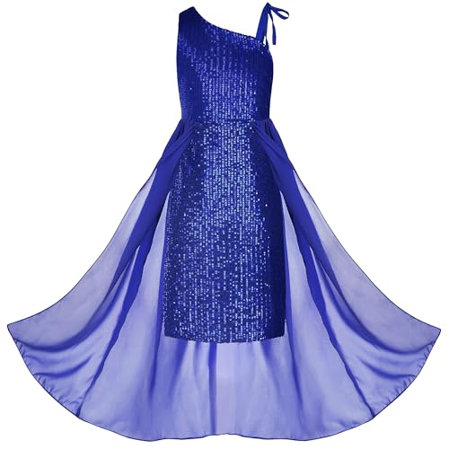 JerrisApparel Girls' Sparkling Sequin One-Shoulder Party Dress Flower Girl Wedding Gown with Flowing Chiffon Overlay