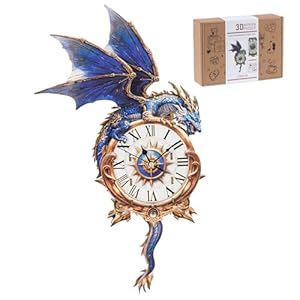 3D Wooden Puzzles for Adults, Blue Dragon Clock with Pendulum Model Kit, 3D Puzzles for Adults Room Home Decor DIY Wall Clock Kit, Holiday Birthday Christmas Day Gifts for Men Women Teens