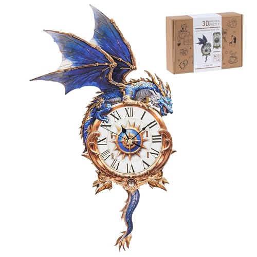 3D Wooden Puzzles for Adults, Blue Dragon Clock with Pendulum Model Kit, 3D Puzzles for Adults Room Home Decor DIY Wall Clock Kit, Holiday Birthday...
