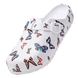 XJITIGER Zuecos de Enfermera con Estampado para Mujer, Zapatos Sanitarios Antideslizantes, Impermeables, Ligeros y Cómodos, Sin Cordones, Ideales para Largos Turnos de Trabajo Mariposa Blanca 38