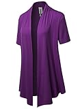 Solid Jersey Knit Draped Open Front Short Sleeves Cardigan Purple 2XL
