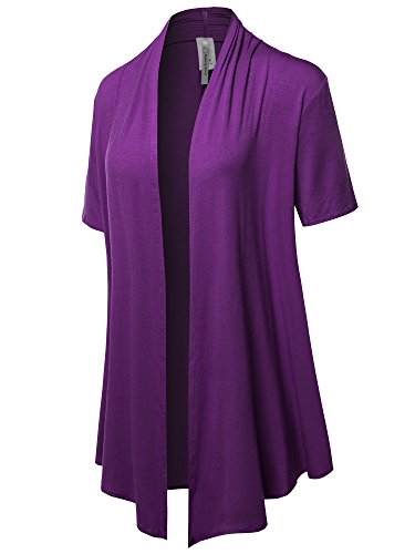 Solid Jersey Knit Draped Open Front Short Sleeves Cardigan Purple 2XL