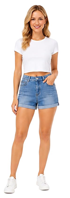 Women’s Blue Denim Shorts – Stretchy Shorts with 4 Pockets Relaxed Fit Low Rise Mid Waist Stylish Denim Jean Shorts Casual Stretchy Frayed Raw Hem, Ideal for Casual Outings | Size -32-picture-18