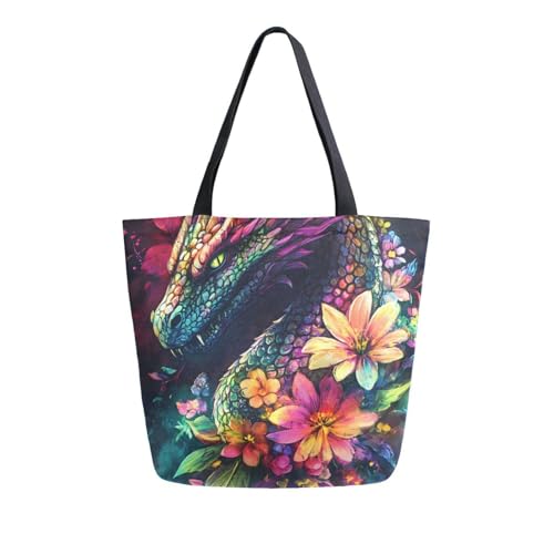 Extra Large Shoulder Tote Bag for Beach Travel Weekender Gym Colorful Dragon Flowers Reusable Grocery Canvas Shopping Bag2