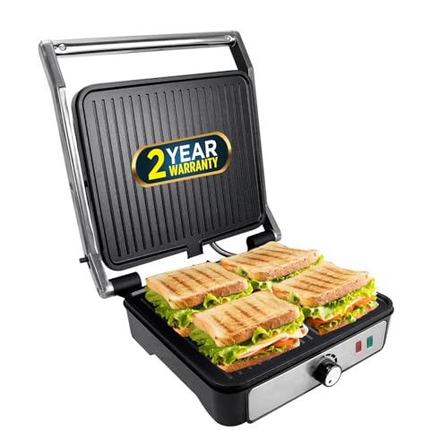 iBELL SM1320G Sandwich Maker Grill and Toast Electric, 2000W, Big Size Fits 4 Bread Slices, Thermostat Knob (Silver, 34 x 34 x 12 cm)