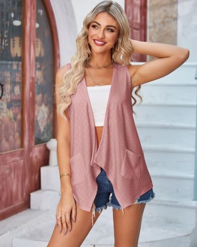 Image of jinghuiyue Women's Lightweight Cardigan Summer Hollow Out Sleeveless Cardigan High Low Hem Draped Open Front Vest with Pocket
