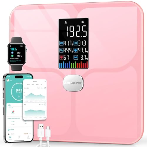 ABLEGRID Wiederaufladbar Körperfettwaage, LED Personenwaage Digital Mit Körperfett Und Muskelmasse Körperfettanalyse, 16 Messungen Der Körperzusammensetzung BMI, Herzfrequenz, 180kg, Rosa 1