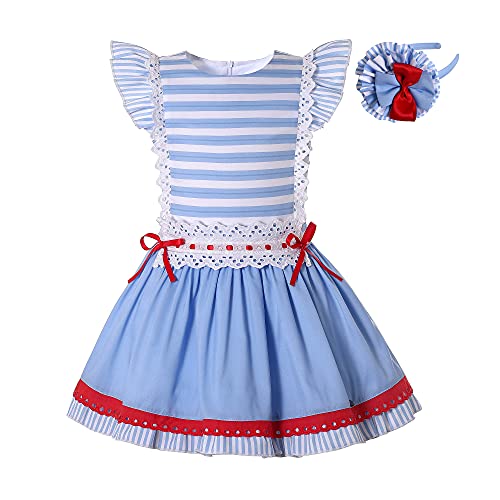 Pettigirl Girl Summer Vintage Blue Stripe Sweet Sleeveless Soft Clothes Kids Daily Casual Simple Dresses with Headpiece