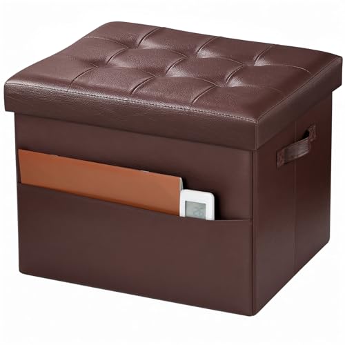 Image of Bsketa Storage Ottoman Bench,17 Inch Folding Leather Foot Rest Stool, Brown | Small Ottoman with Side Pockets, Thicker Foam Padded Seat, Livingroom, Dorm, Bedroom, Easy to install, 43L,17x13x13in