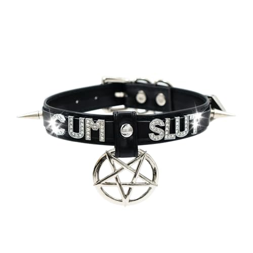 Black Pentagram Choker Collar For Women, Punk Gothic Vagen Leather Collar With Name Letters Adjustable Spiked Necklace