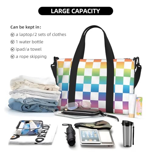 Travel Duffle Bags For Women Men - Pastel Rainbow Checker Print Personal Item Weekender Overnight Gym Carry On Airport Tote Bag With Strap For Yoga, Travel, Business Trips4