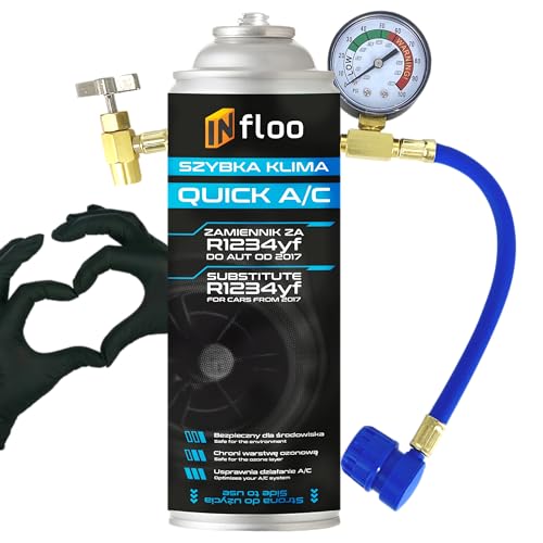 INfloo Quick A/C R1234yf – Gas Refrigerante 185g + Manguera con Manómetro | Recarga de Aire Acondicionado para Coches desde 2017 | Válvula de Retención + Guantes