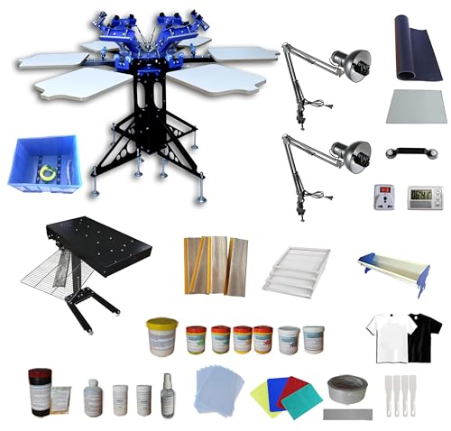 TECHTONGDA 6 Color 6 Station Screen Printing Press Kit with Flash Dryer UV Exposure Unit Washout Tank Squeegee Mesh Frame Accessories
