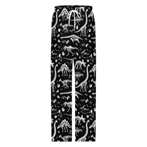 Black White Dinosaur Skeleton Print Mens Pajama Pants Wide Leg Sleep Drawstring Sleepwear Casual Loungewear3
