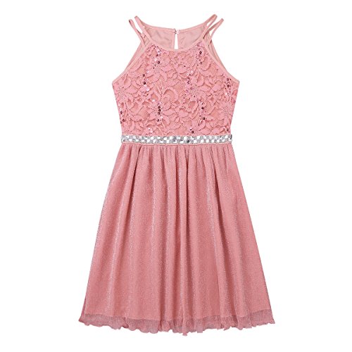 Aislor Kids Big Girls Sequin Rhinestone Belt Lace Floral Dress Princess Birthday Party Tutu Skirts4