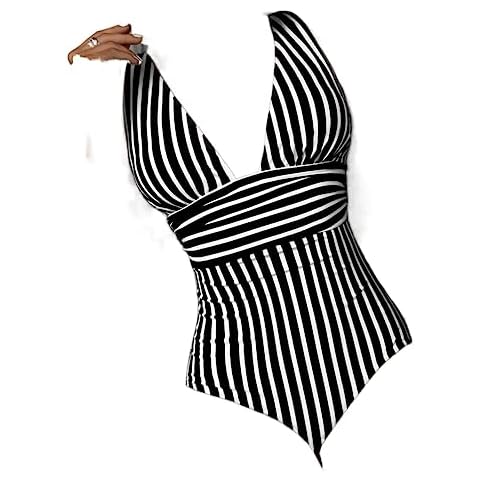 AOBRICON Striped One Piece Swimsuit Swimwear Women V-Neck Bathing Swimming Suit Female Summer Beachwear Bodysuit (Color : Black, Size : Large) Cover