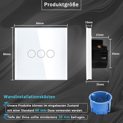 TAWOIA Smart Alexa Lichtschalter (Neutralleiter erforderlich), Wlan Lichtschalter mit Glasscheibe, Sprachsteuerung für Alexa, kompatibel mit Smart Life und Tuya App 3Fach 1Weg Weiß