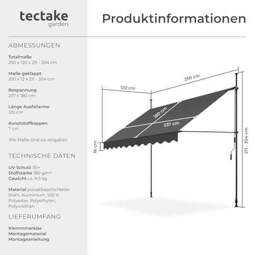 tectake® Klemmmarkise mit Handkurbel, Balkon Markise ohne Bohren, Markise höhenverstellbar, UV-beständig, wasserabweisend, Terrassenüberdachung, Sonnenschutz Terrasse & Balkon, 250 cm - schwarz/grau 6