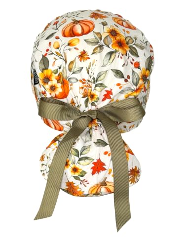 Image of Scrub Cap for Women and Men, Ponytail Scrub Caps, Working Hat, Head Cover with Ribbon Ties and Buttons, Long Hair