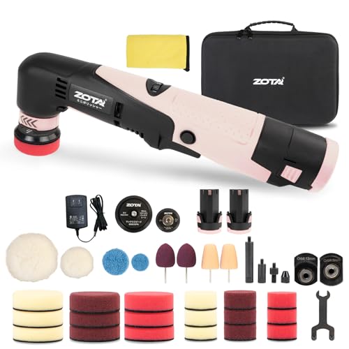 ZOTA ミニポリッシャー，30mm/50mmダブルアクション ポリッシャー コードレス 2800~4500rpm 六段階スピード調整 ダブルアクション/シングル切替 12V 2.0Ahバッテリー2個付属 PSE認証 充電式 収納バック付き ヘッドライト復元/ワックスがけ/バイクケア対応 (ピンク)