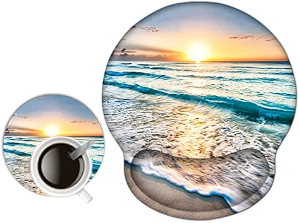 AIMSA Ergonomic Mouse Pad with Wrist Rest Support Gel Memory, Non-Slip PU Base Wrist Rest Pad for Home, Office, Work, Game, Easy Typing, Pain Relief, Comfortable, Durable, Ocean Beach