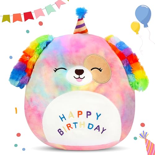 Image of Easfan 12'' Original Rainbow Birthday Dog Plush Pillow Soft Puppy Plush Toy Cute Dog Stuffed Animal Birthday Gifts for Kids Toddlers