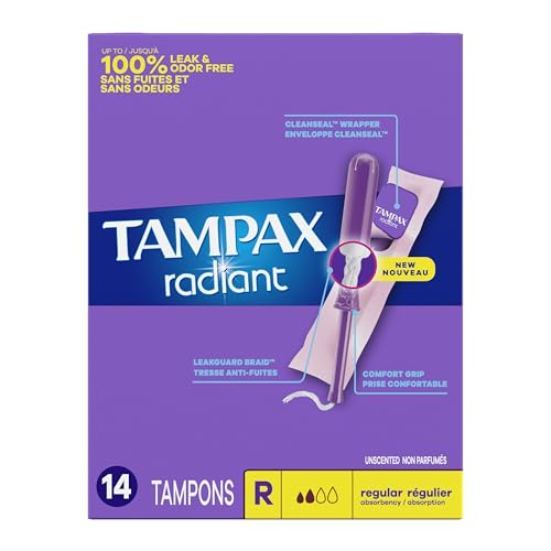 Tampax Radiant Plastic Tampons, Regular Absorbency, Unscented, 14 Count