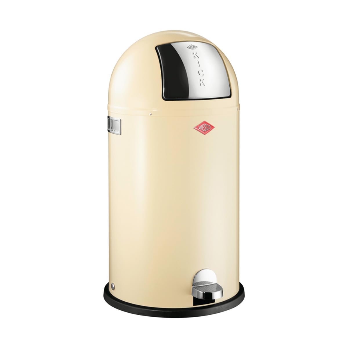 WESCO Cubo de basura Kickboy en color almendra, chapa de acero pulverizada, 40 litros de volumen, tapa de acero inoxidable, pedal de plástico cromado