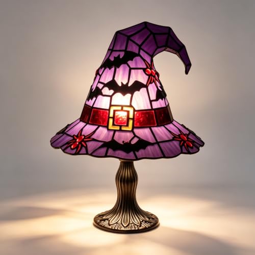 MaMiDay Stained Glass Halloween Purple Witch Hat Table Lamp Night Light Vintage Style USB Powered Desktop Decorative Ornament
