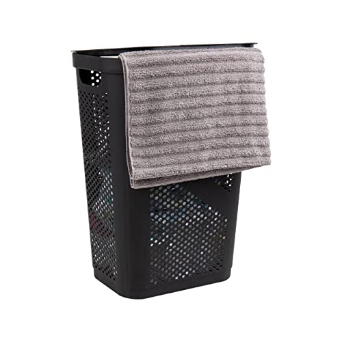 Mind Reader Basket Collection, Slim Laundry Hamper, 60 Liter (15G/33Lbs) Capacity, Cut Out Handles, Attached Hinged Lid, Ventilated, Black #TOP16