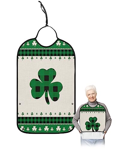 St. Patrick's Day Adult Bibs for Eating, Waterproof Bibs with Food Catcher & Adjustable Snap Closure, Green Black Buffalo Plaid Lucky Clover Clothing Protectors Adult Bibs for Elderly Women/Men