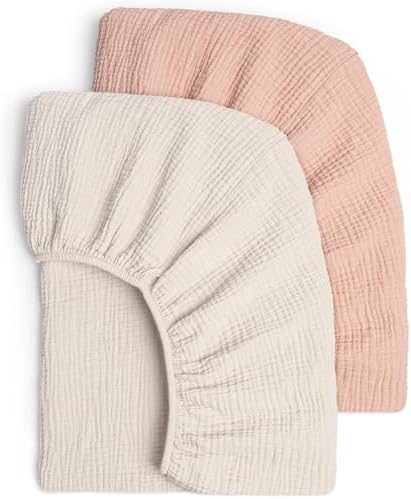 lulumoon 2er Pack Musselin Baby Spannbettlaken 60x120cm / 70x140 cm für Babybett & Reisebett - Weiche Oeko-Tex Baumwolle - Atmungsaktiv - Passend für roba Babybetten (Weiß Rosa, 70