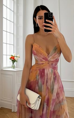 Women's Floral Print Tulle Prom Dresses Spaghetti Straps V Neck Formal Party Gown A Line Bridesmaid Dress3