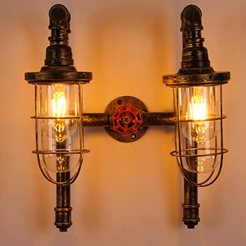 Image of TFCFL 2 Light Vintage Steampunk Wall Light, Retro Wall Sconce Light Industrial Water Pipe Wall Lamp Light Fixture E26 60W Max for Bedroom Living Room Bronze Finish