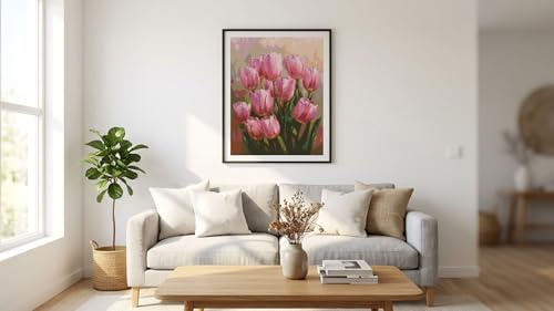 Image of MYBISYMQQ Pink Tulips Cross Stitch Kits for Adults Beginners - 11CT Stamped Vintage Floral Embroidery Kit, DIY Pre-Printed Needlepoint Patterns for Home Wall Art Decor, 15.7x11.8 Inches