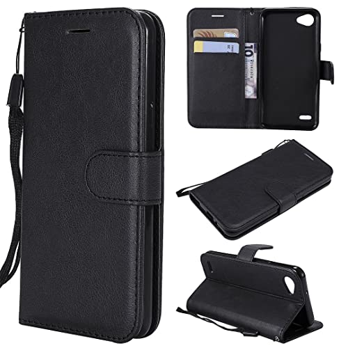 SATURCASE Hülle für LG Q6, Klassisch PU Lederhülle Magnetverschluss Brieftasche Kartenfächer Standfunktion Handschlaufe Handy Tasche Schutzhülle Handyhülle für LG Q6 (XD-Schwarz)