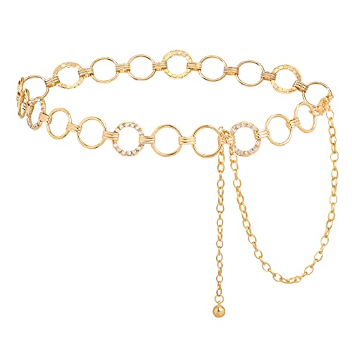 AWAYTR Heart Chain Belts for Girls - Rhinestone Silver and Gold Metal Waist Belt for Flower Girl Dresses Jeans (Silver Round Badge)