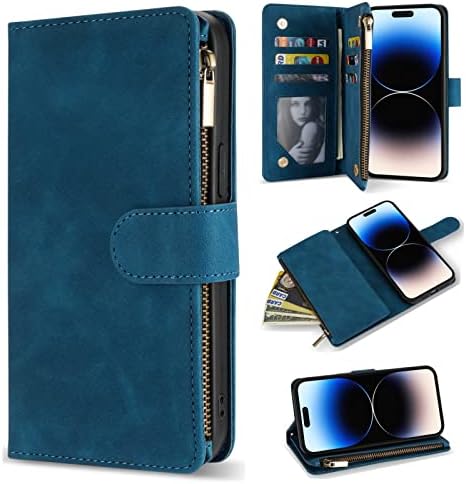 ZZXX iPhone 14 Pro Case Wallet with [RFID Blocking] Card Slot Premium Soft PU Leather Zipper Flip Folio with Wrist Strap Kickstand Protective Cover for iPhone 14 Pro Wallet Case(Blue-6.1 inch)