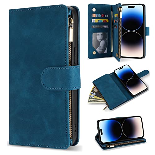 ZZXX iPhone 14 Pro Max Case Wallet with [RFID Blocking] Card Slot Soft PU Leather Zipper Flip Folio with Wrist Strap Kickstand Protective Cover for iPhone 14 Pro Max Wallet Case(Blue-6.7 inch)