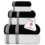 CASA COPENHAGEN Solitaire Mix 6 Pieces Towel Set- White + Black, 600 GSM 2Bath Towel 2Hand Towel 2Washcloth, Designed in Denmark Made of Soft Egyptian Cotton for Bathroom, Kitchen & Shower