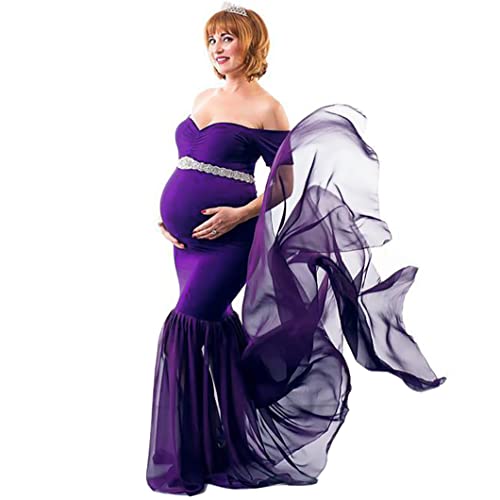 COSYOU Maternity Dress for Photoshoot Flowy Long Mermaid Chiffon Train Tube Top Maxi Photography Dress Party Gown, Purple, One size