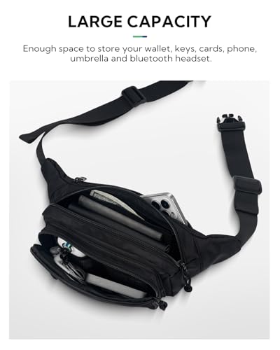 WATERFLY Adjustable Fanny Pack: Large Hip Bag for Travel and Outdoor Activities with 7 Zipper Pockets - Black