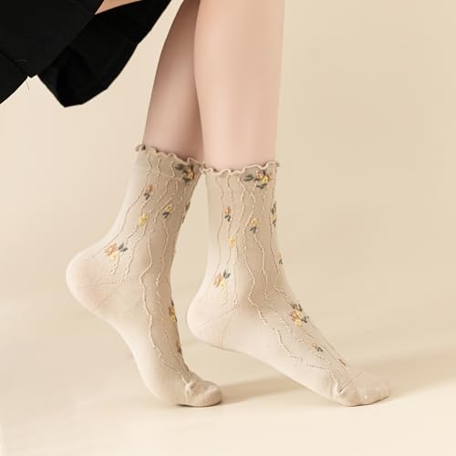 Image of Womens Ruffle Crew Socks Vintage Patterned Ankle Casual Fashion Dress Sock Cute Lettuce Floral Socks 5 /6 Pack