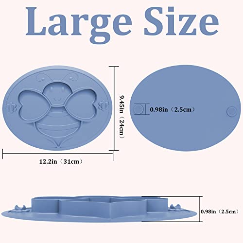 Toddler Plates With Suction - Silicone Cute Bee Baby Divided Plate - Self Feeding Kid Dish For Tables Highchairs Trays - Dishwasher And Microwave Safe (Dark Blue) #TOP2