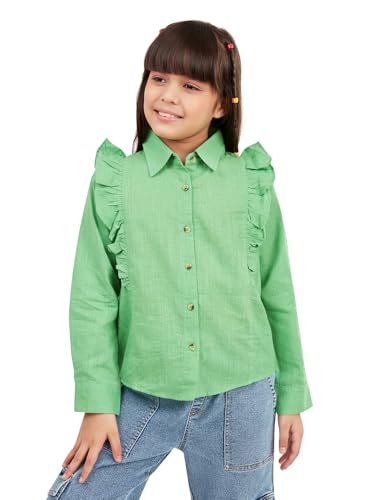 Image of olele Girls Full Sleeve Ruffles Cotton Linen Shirt - White for 4 to 14 Years | Kids Girl White Shirt | White Ruffle Shirt for Girls | Shirt Jeans