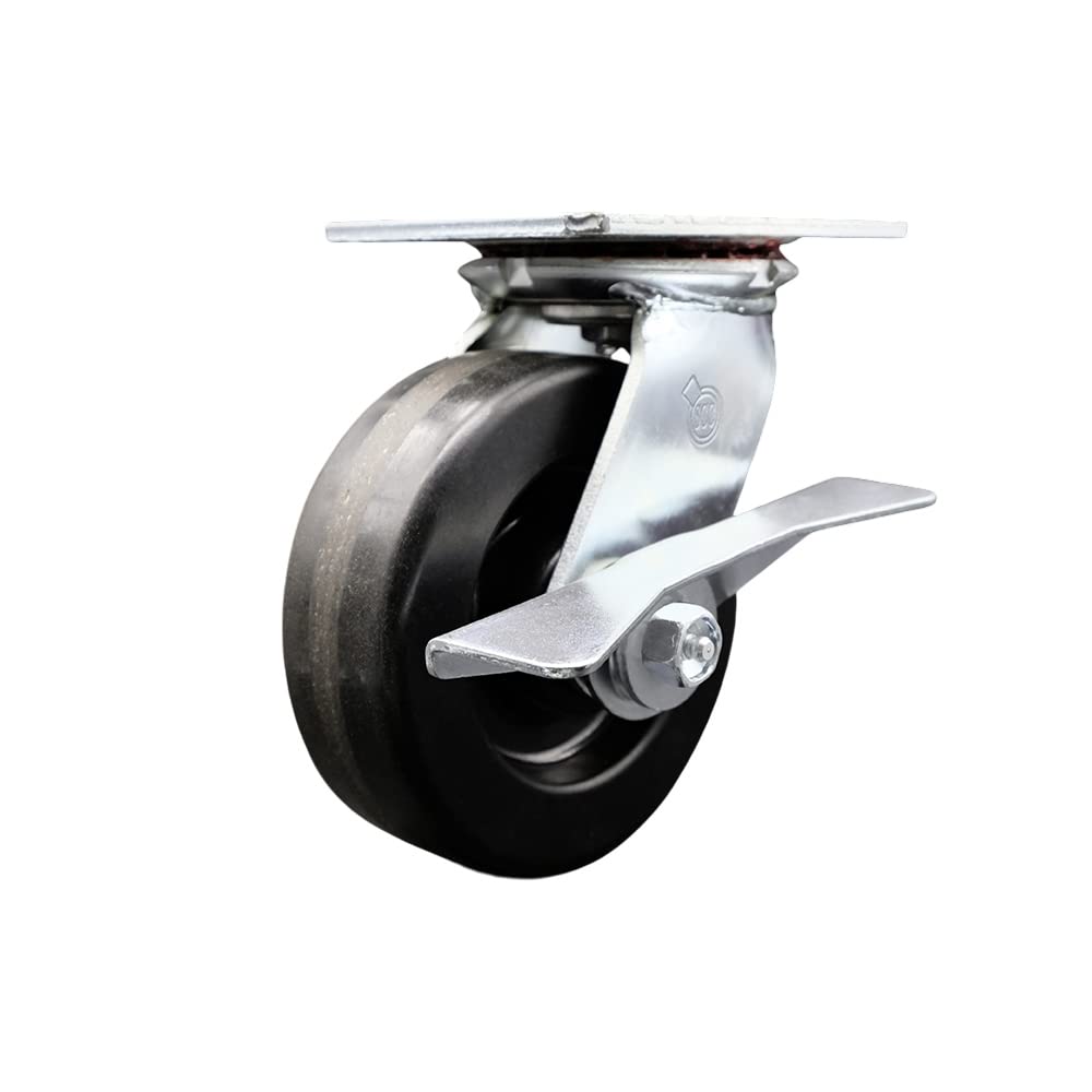 Heavy Duty Large Top Plate Phenolic Swivel Caster w/Main. Free Bearings and 6" x 2" Black Wheel & Side Lck Brake - 1200 lbs Capacity/Caster - Service Caster Brand