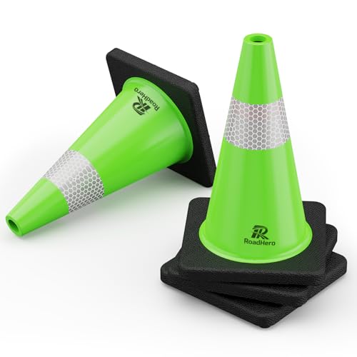 RoadHero 4 Pack Traffic Safety Cones 18 Inch with Black Weighted Base, Plastic PVC Lime Green Traffic Cone with Reflective Collar for Parking Lot, Construction Events, Road Safety